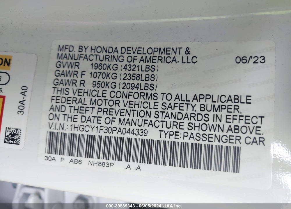 2023 HONDA ACCORD EX VIN: 1HGCY1F30PA044339