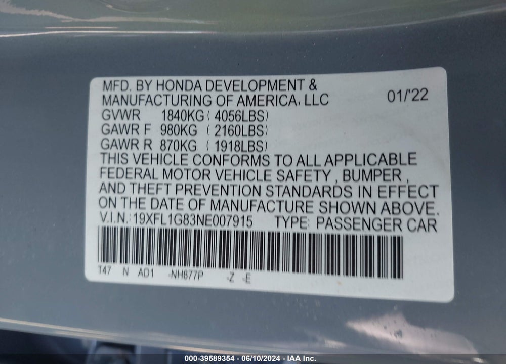 2022 HONDA CIVIC SPORT TOURING VIN: 19XFL1G83NE007915