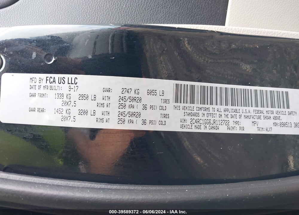 2018 CHRYSLER PACIFICA LIMITED VIN: 2C4RC1GG6JR112722