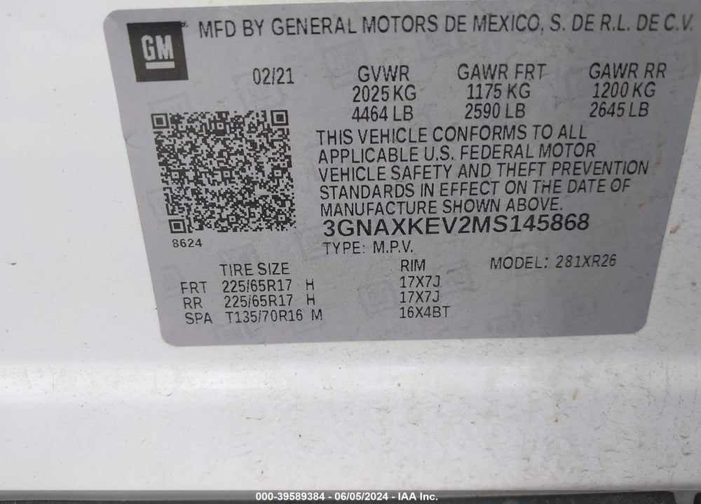 2021 CHEVROLET EQUINOX FWD LT VIN: 3GNAXKEV2MS145868