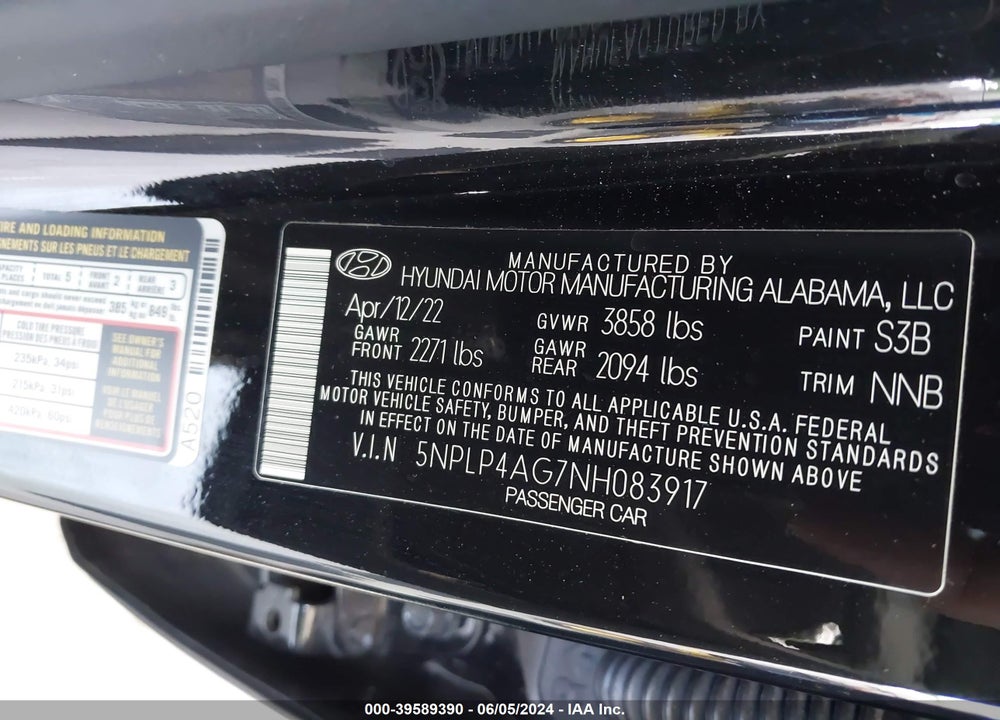 2022 HYUNDAI ELANTRA LIMITED VIN: 5NPLP4AG7NH083917