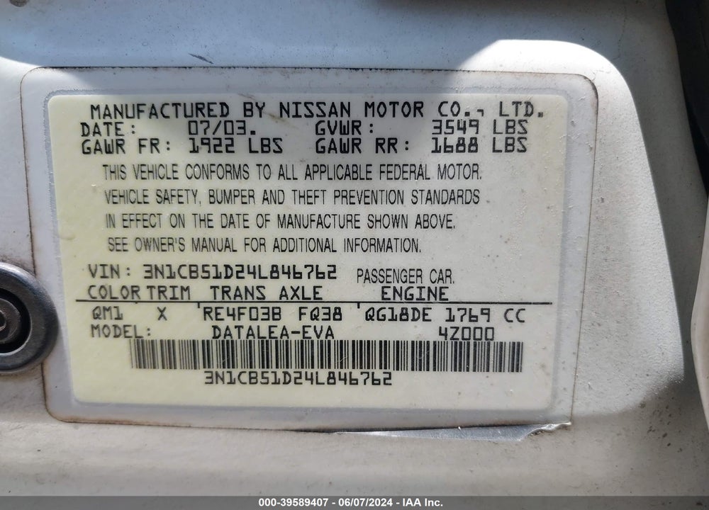 2004 NISSAN SENTRA 1.8S VIN: 3N1CB51D24L846762