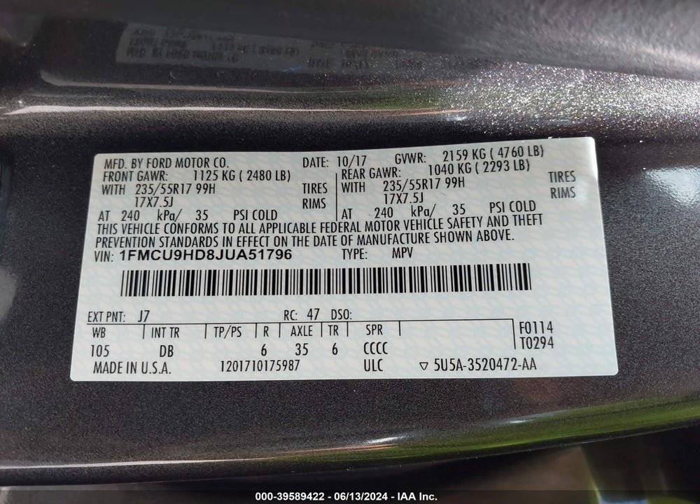 2018 FORD ESCAPE SEL VIN: 1FMCU9HD8JUA51796