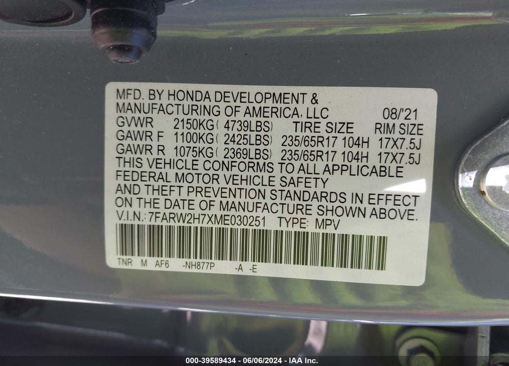 2021 HONDA CR-V AWD SPECIAL EDITION VIN: 7FARW2H7XME030251