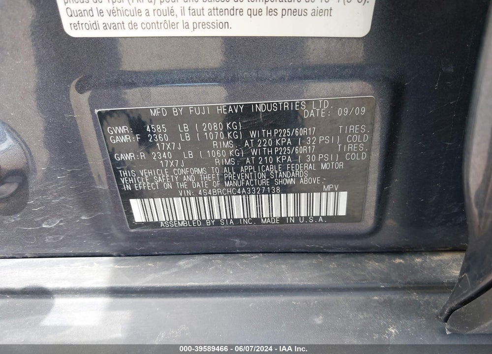 2010 SUBARU OUTBACK 2.5I PREMIUM VIN: 4S4BRCHC4A3327138