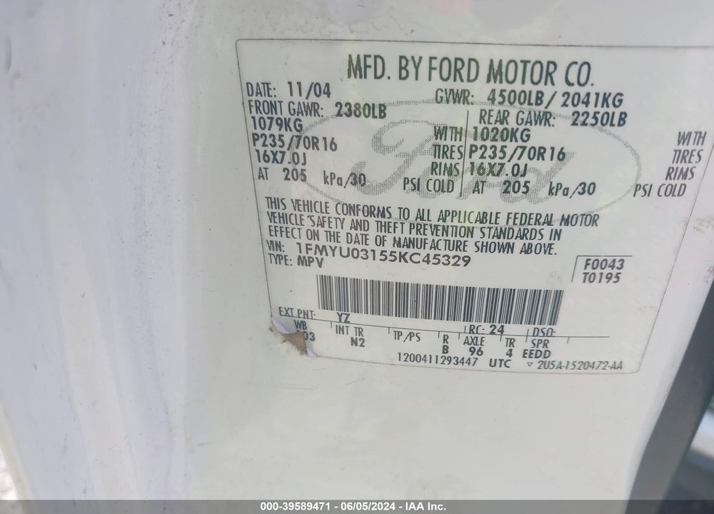 2005 FORD ESCAPE XLT VIN: 1FMYU03155KC45329