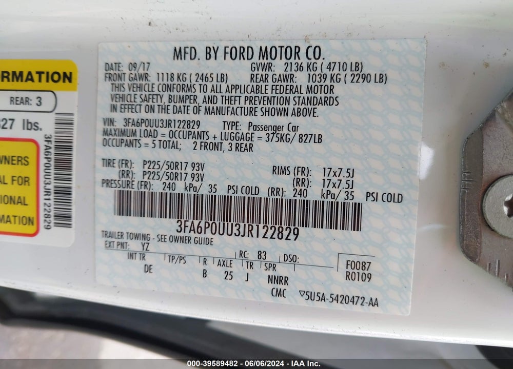 2018 FORD FUSION HYBRID S VIN: 3FA6P0UU3JR122829