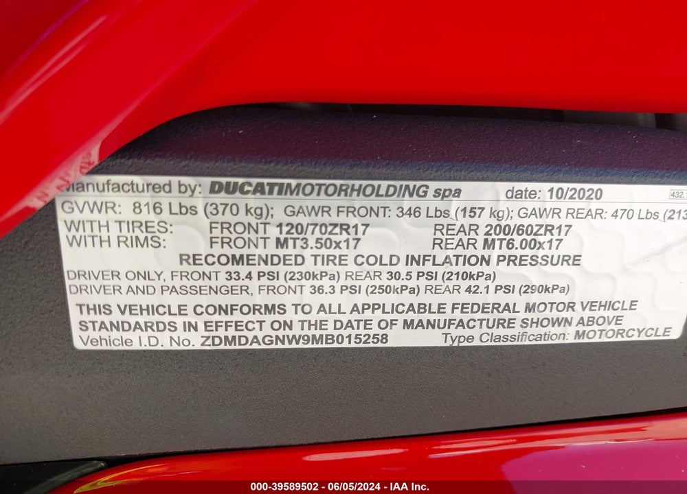 2021 DUCATI PANIGALE V4/V4S/V4S SPECIALE VIN: ZDMDAGNW9MB015258