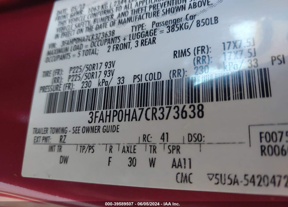 2012 FORD FUSION SE VIN: 3FAHP0HA7CR373638
