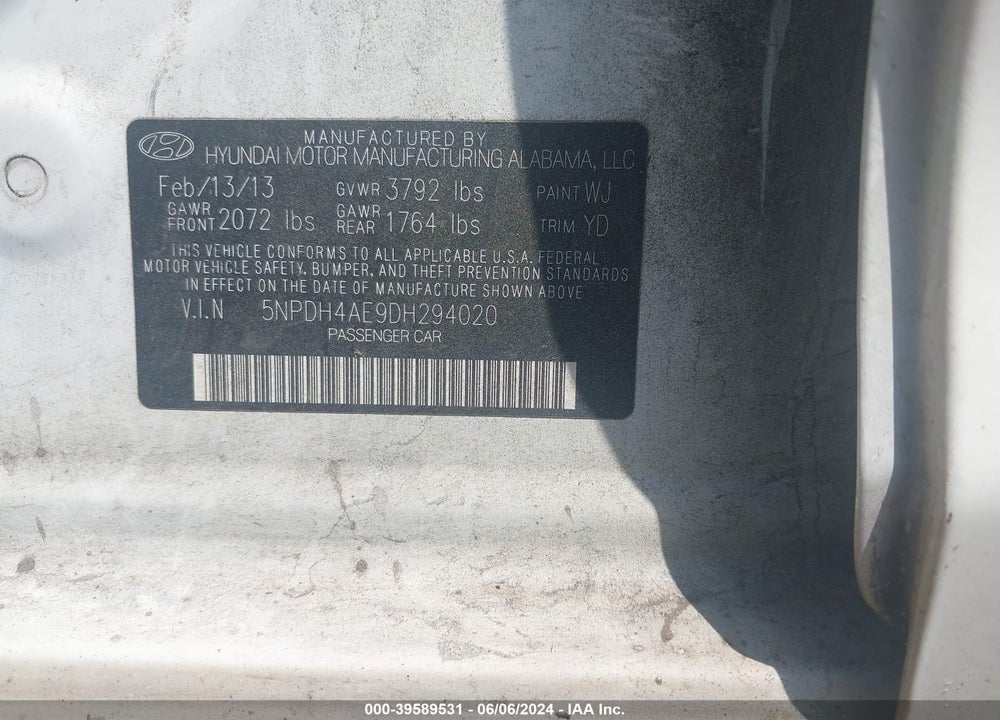 2013 HYUNDAI ELANTRA LIMITED VIN: 5NPDH4AE9DH294020