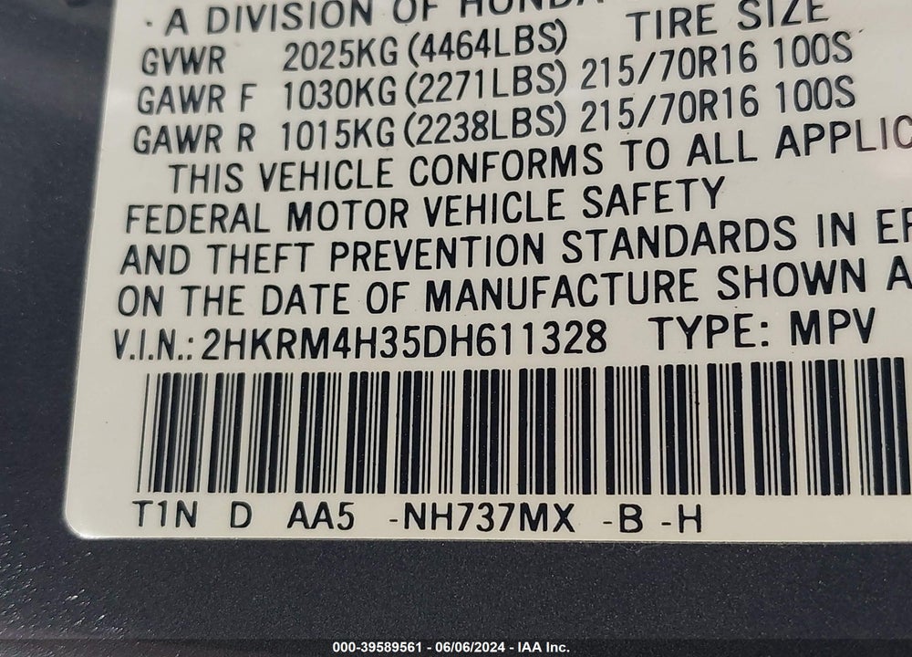 2013 HONDA CR-V LX VIN: 2HKRM4H35DH611328