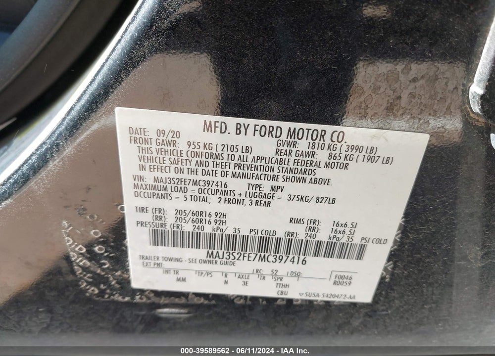 2021 FORD ECOSPORT S VIN: MAJ3S2FE7MC397416