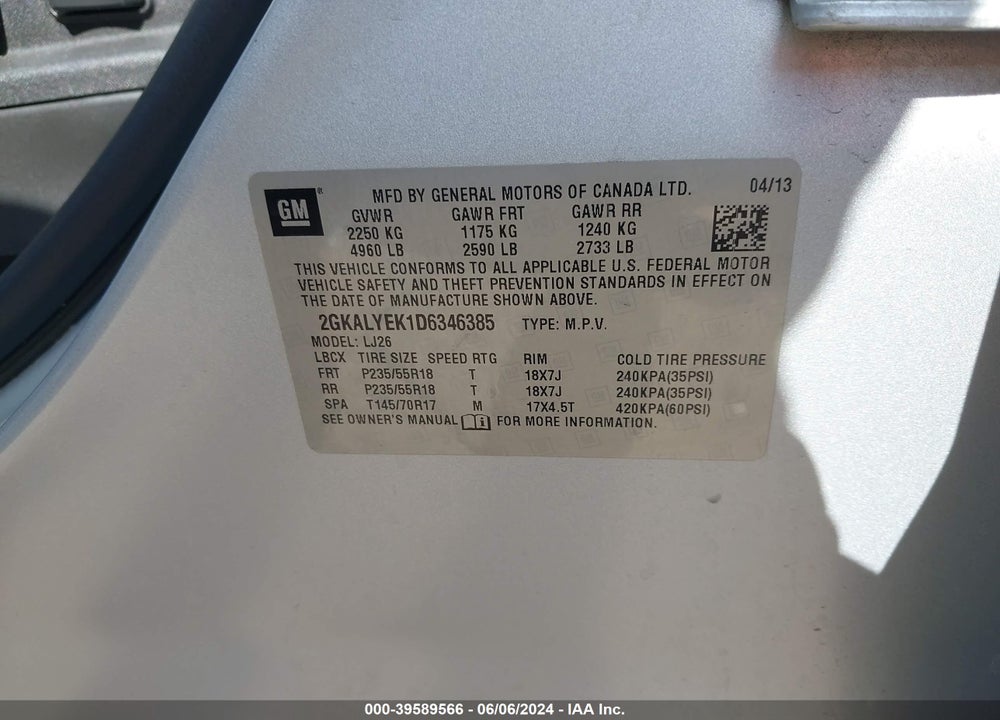 2013 GMC TERRAIN DENALI VIN: 2GKALYEK1D6346385