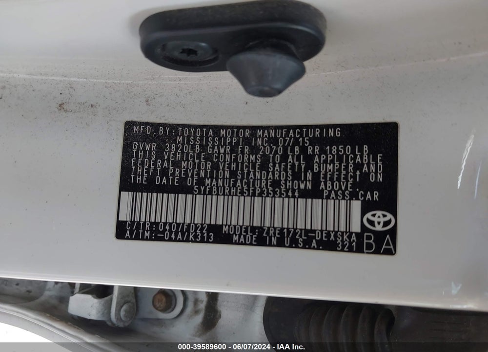 2015 TOYOTA COROLLA S VIN: 5YFBURHE5FP353544