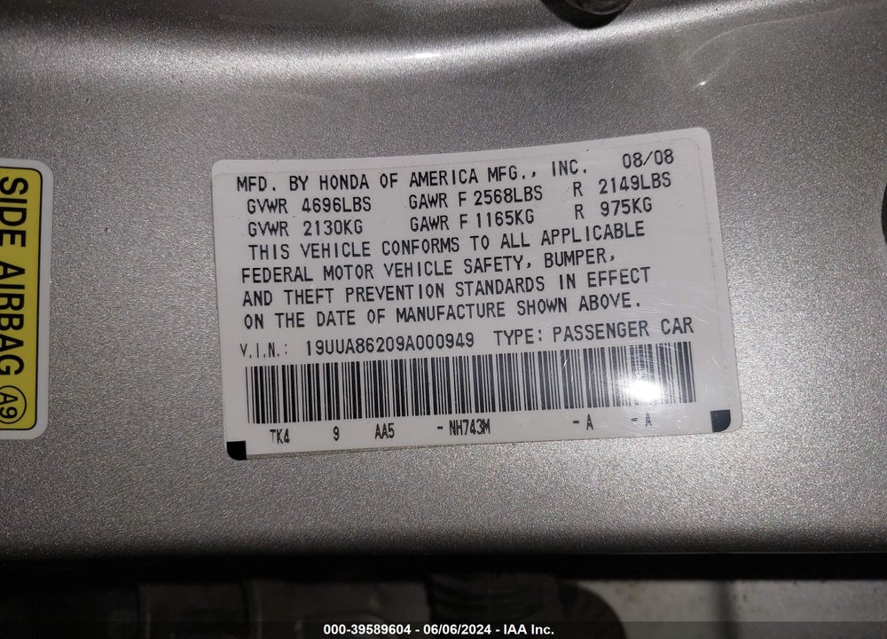 2009 ACURA TL 3.5 VIN: 19UUA86209A000949