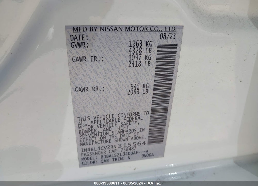 2024 NISSAN ALTIMA SR FWD VIN: 1N4BL4CV2RN315564