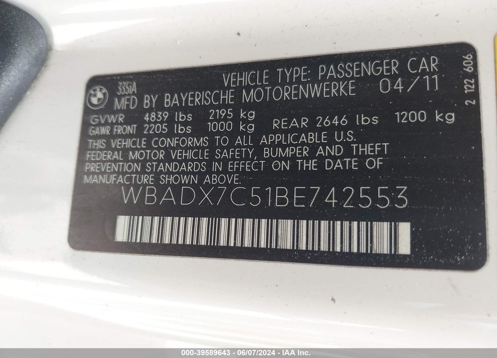 2011 BMW 335I VIN: WBADX7C51BE742553