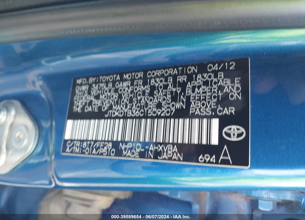 2012 TOYOTA PRIUS C TWO VIN: JTDKDTB36C1509207