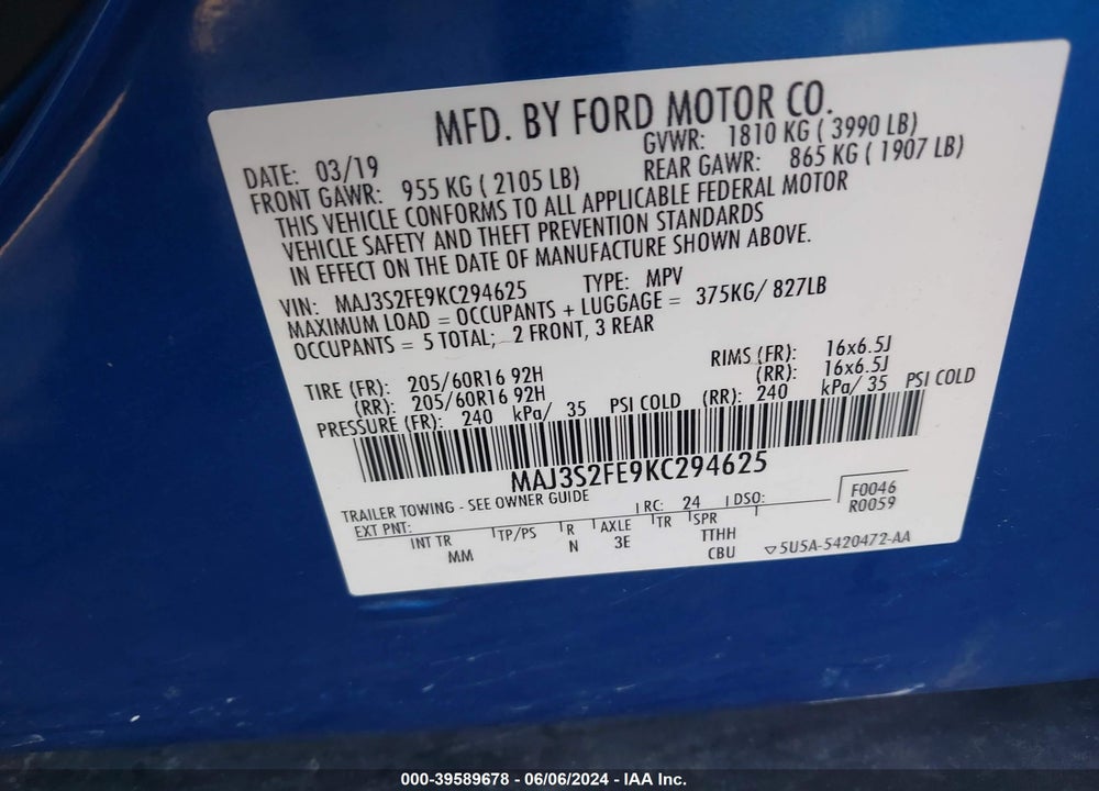 2019 FORD ECOSPORT S VIN: MAJ3S2FE9KC294625