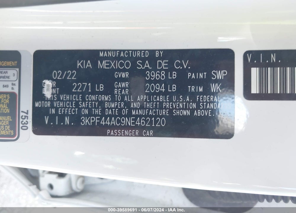 2022 KIA FORTE GT VIN: 3KPF44AC9NE462120