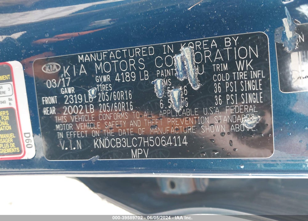 2017 KIA NIRO LX VIN: KNDCB3LC7H5064114
