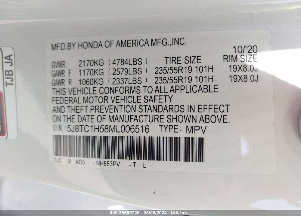 2021 ACURA RDX TECHNOLOGY PACKAGE VIN: 5J8TC1H58ML006516