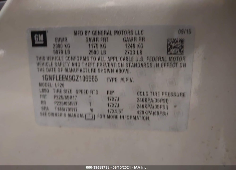 2016 CHEVROLET EQUINOX LS VIN: 1GNFLEEK9GZ106565
