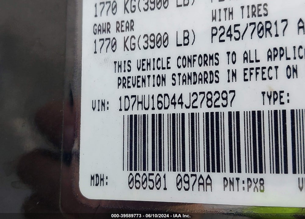 2004 DODGE RAM 1500 SLT/LARAMIE VIN: 1D7HU16D44J278297
