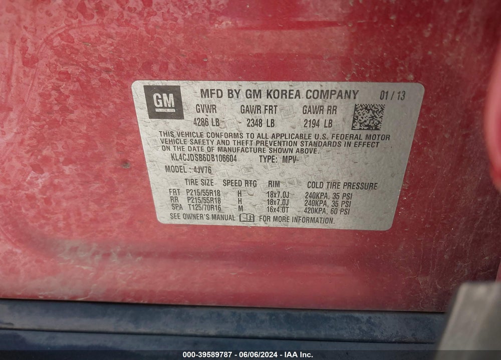 2013 BUICK ENCORE PREMIUM VIN: KL4CJDSB6DB106604