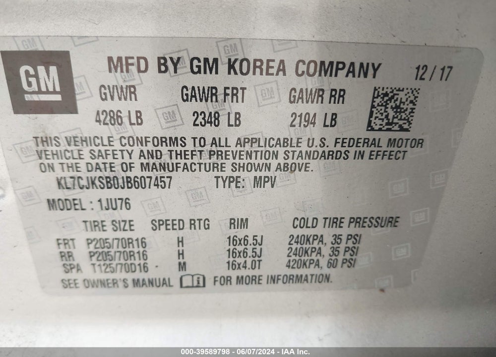2018 CHEVROLET TRAX LS VIN: KL7CJKSB0JB607457