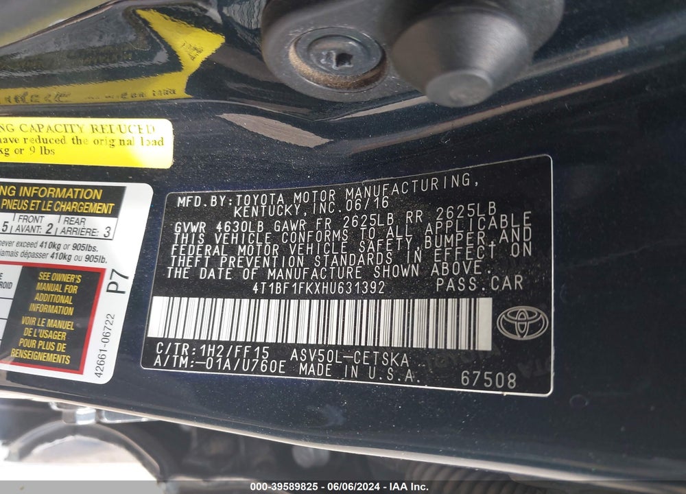 2017 TOYOTA CAMRY SE VIN: 4T1BF1FKXHU631392