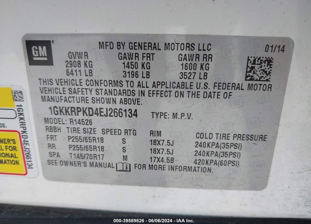 2014 GMC ACADIA SLE-2 VIN: 1GKKRPKD4EJ266134