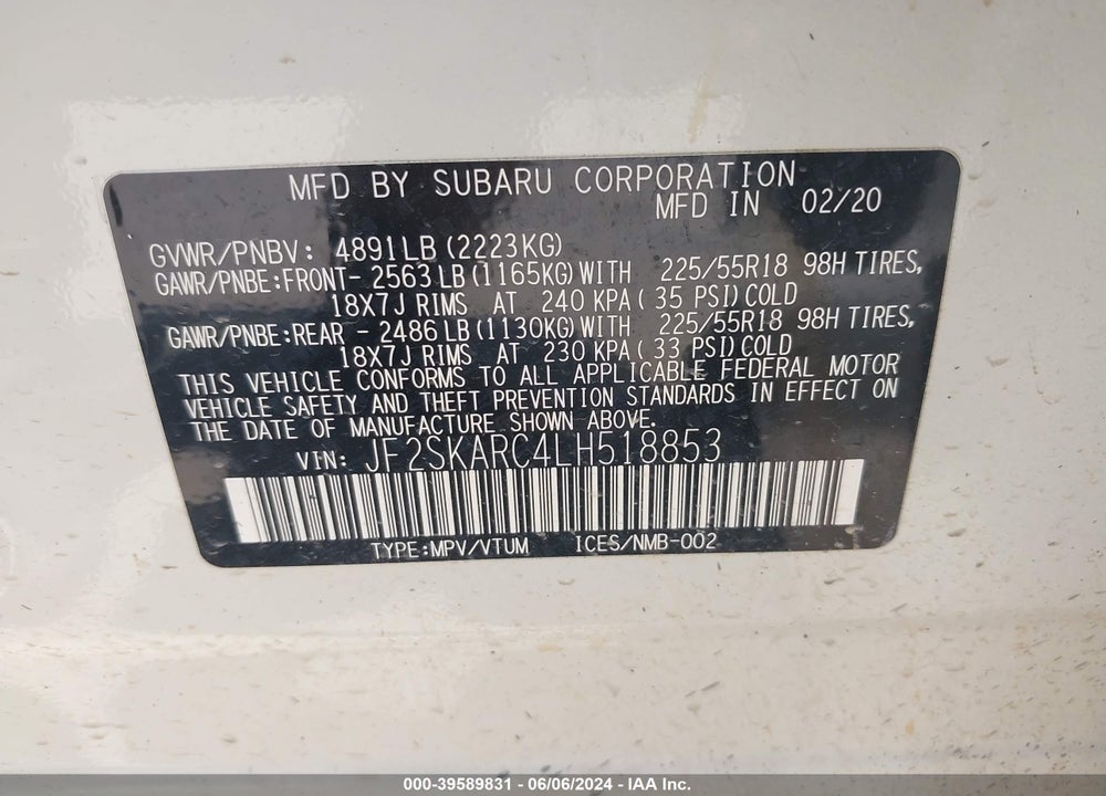 2020 SUBARU FORESTER SPORT VIN: JF2SKARC4LH518853