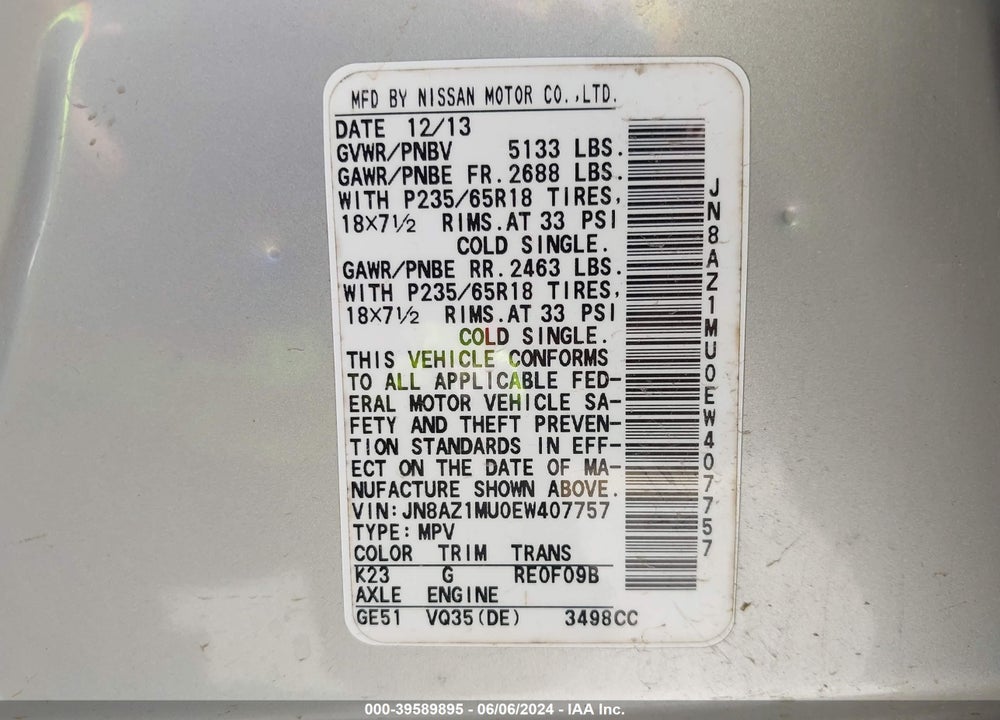 2014 NISSAN MURANO LE/S/SL/SV VIN: JN8AZ1MU0EW407757