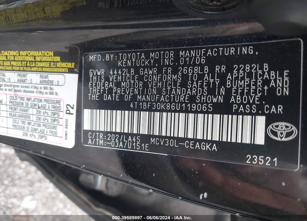 2006 TOYOTA CAMRY XLE V6 VIN: 4T1BF30K86U119065