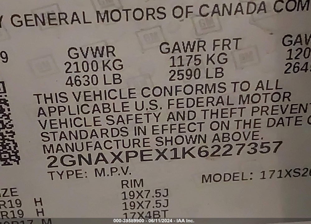 2019 CHEVROLET EQUINOX PREMIER VIN: 2GNAXPEX1K6227357