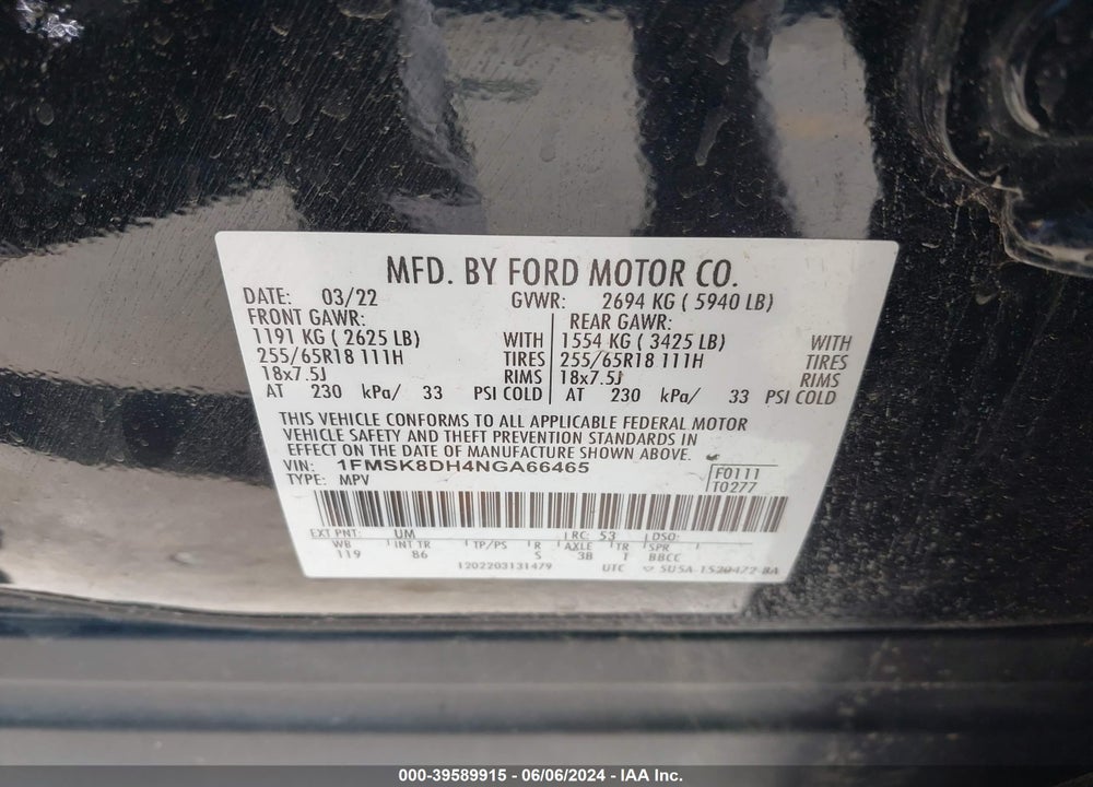 2022 FORD EXPLORER XLT VIN: 1FMSK8DH4NGA66465