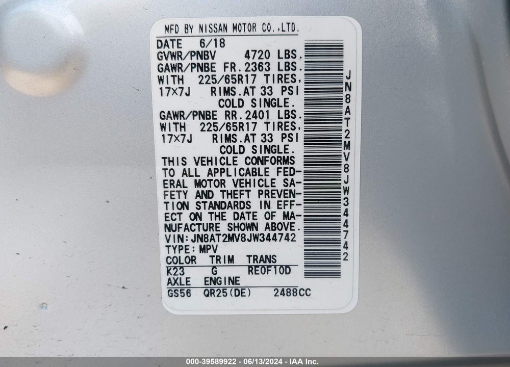 2018 NISSAN ROGUE SV VIN: JN8AT2MV8JW344742