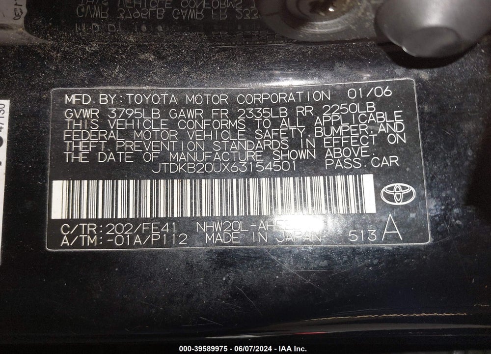 2006 TOYOTA PRIUS VIN: JTDKB20UX63154501