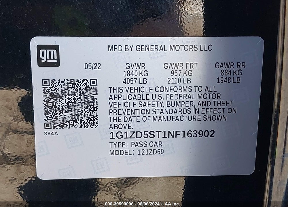 2022 CHEVROLET MALIBU FWD LT VIN: 1G1ZD5ST1NF163902