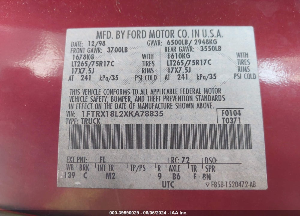 1999 FORD F-150 LARIAT/XL/XLT VIN: 1FTRX18L2XKA78835