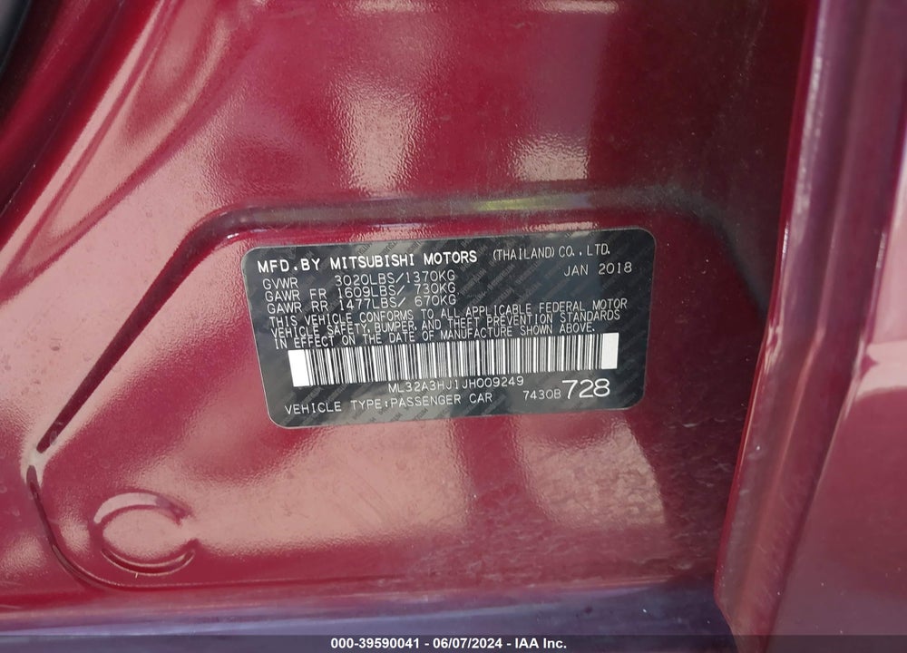 2018 MITSUBISHI MIRAGE ES VIN: ML32A3HJ1JH009249