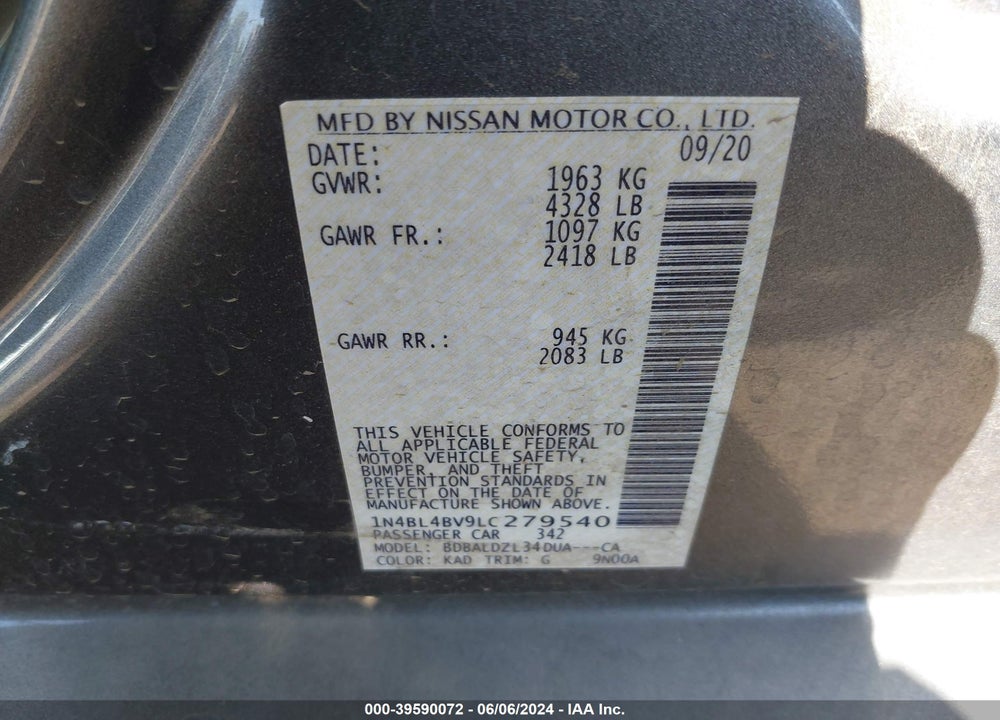 2020 NISSAN ALTIMA S FWD VIN: 1N4BL4BV9LC279540