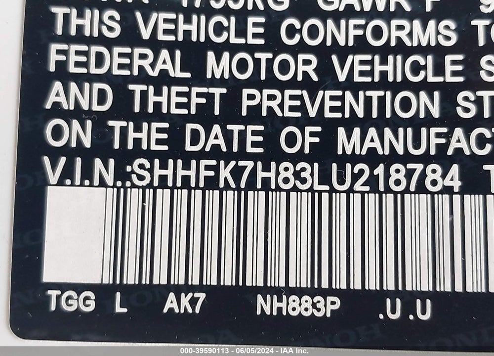 2020 HONDA CIVIC EX-L VIN: SHHFK7H83LU218784