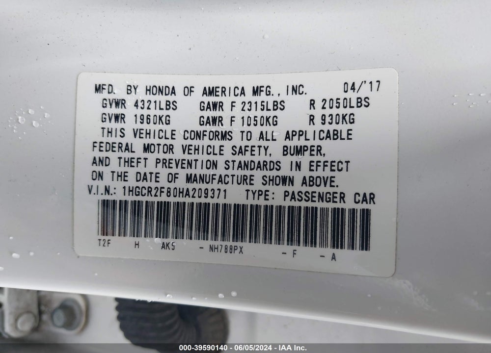2017 HONDA ACCORD EX-L VIN: 1HGCR2F80HA209371