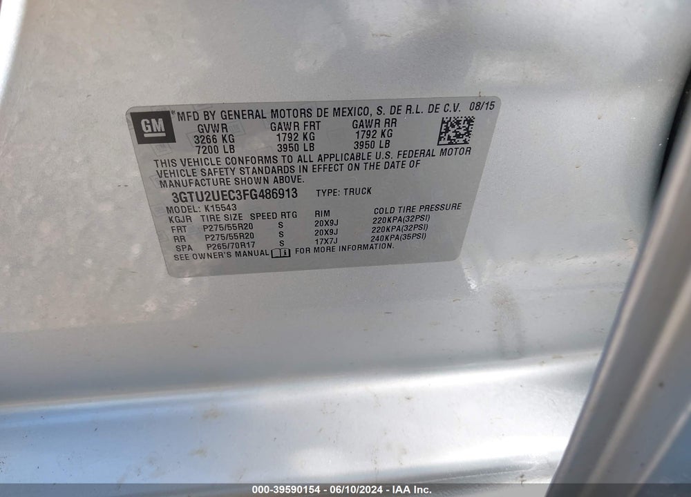 2015 GMC SIERRA 1500 SLE VIN: 3GTU2UEC3FG486913