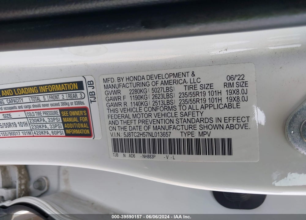 2022 ACURA RDX TECHNOLOGY PACKAGE VIN: 5J8TC2H57NL013657