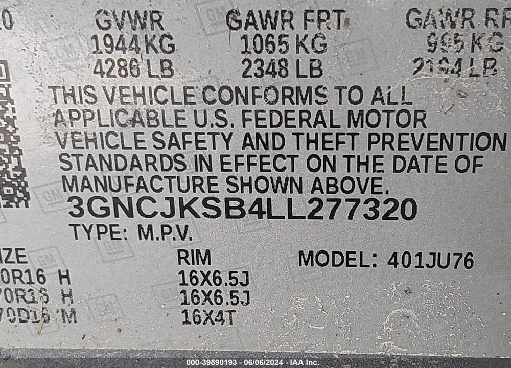2020 CHEVROLET TRAX FWD LS VIN: 3GNCJKSB4LL277320