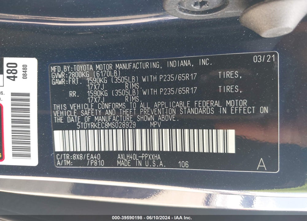 2021 TOYOTA SIENNA XLE VIN: 5TDYRKEC8MS028929