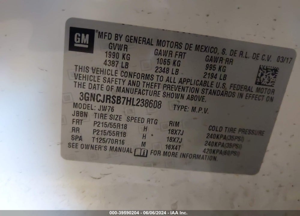 2017 CHEVROLET TRAX PREMIER VIN: 3GNCJRSB7HL238608